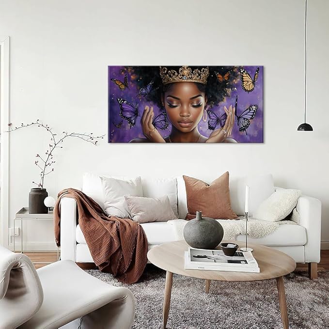 ZESTRILIA African American Wall Art for Girls Room Purple Black Butterfly Canvas Painting Prints Artwork Living Bedroom Office Decor Extra Large (58x28 Inches)