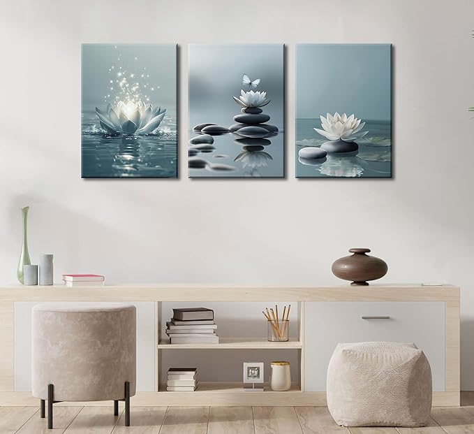 3Pcs Zen Stones Lotus Spa Canvas Wall Art White Lotus Blooming on Stones Painting Picture Wall Decor Modern Spiritual Poster Print Artwork for Yoga Meditation Spiritual Room Bathroom Home Decoration