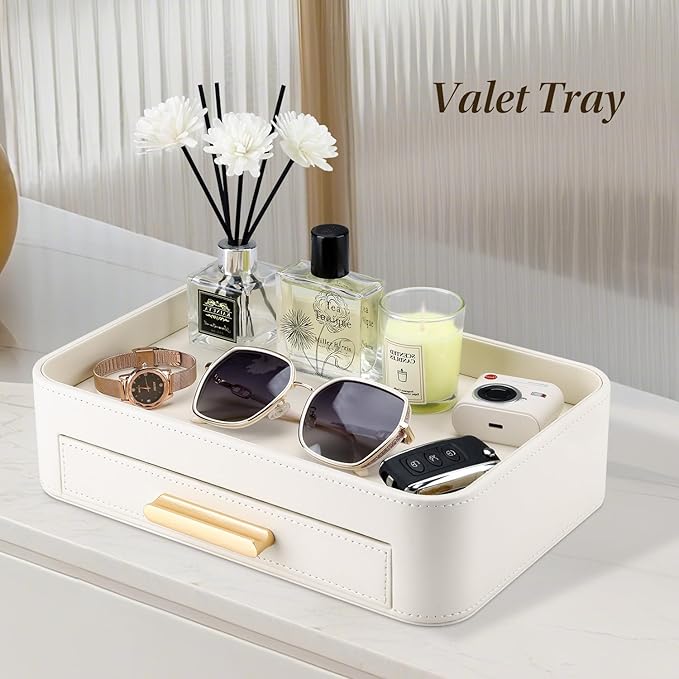 GORESE PU Leather Valet Tray with Drawer, Nightstand Organizer Catch All Tray for Jewelry Perfume Purse Trinket Key Holder, EDC Trays for Desk Vanity Entryway Table, Gift for Women Men, Cream White