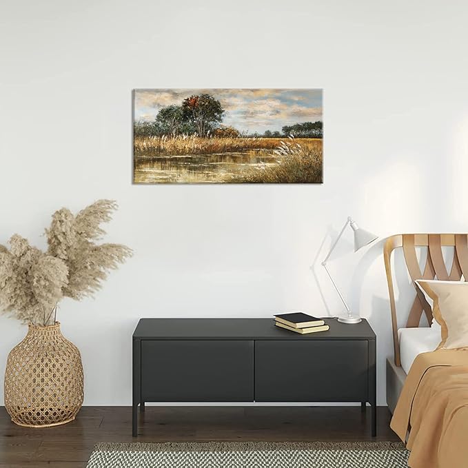 ZESTRILIA Wilderness Meadow Canvas Wall Art Wildflower Field Tree Oil Painting Reproduction Print Rustic Retro Vintage Artwork Landscape Picture for Country Farmhouse Living Room Bedroom (20x40inch)