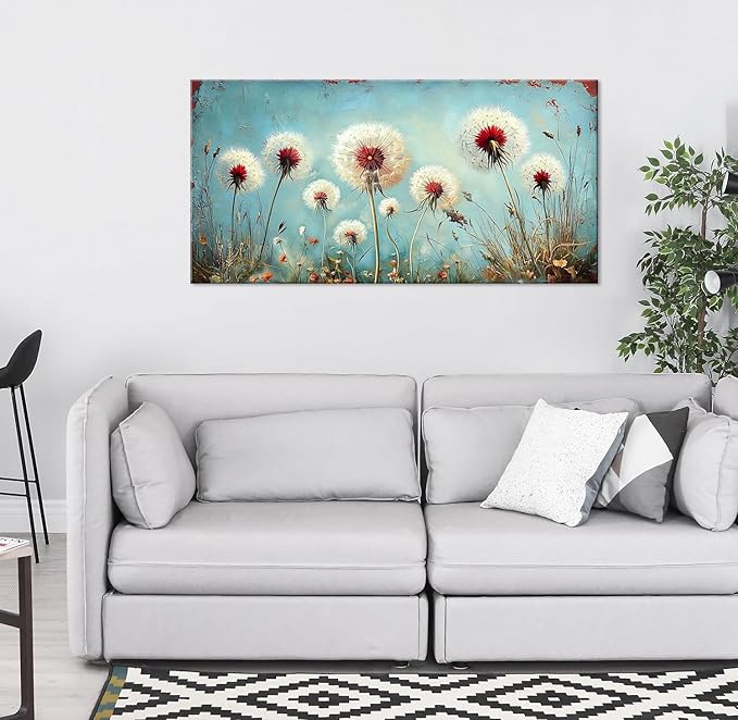 ZESTRILIA Dandelions Wall Art Retro Canvas Prints Modern Rustic Canvas Paintings Waterproof Artwork Landscape Picture for Country Farmhouse Living Room Bedroom Home Office Kitchen Décor (23x46inch)