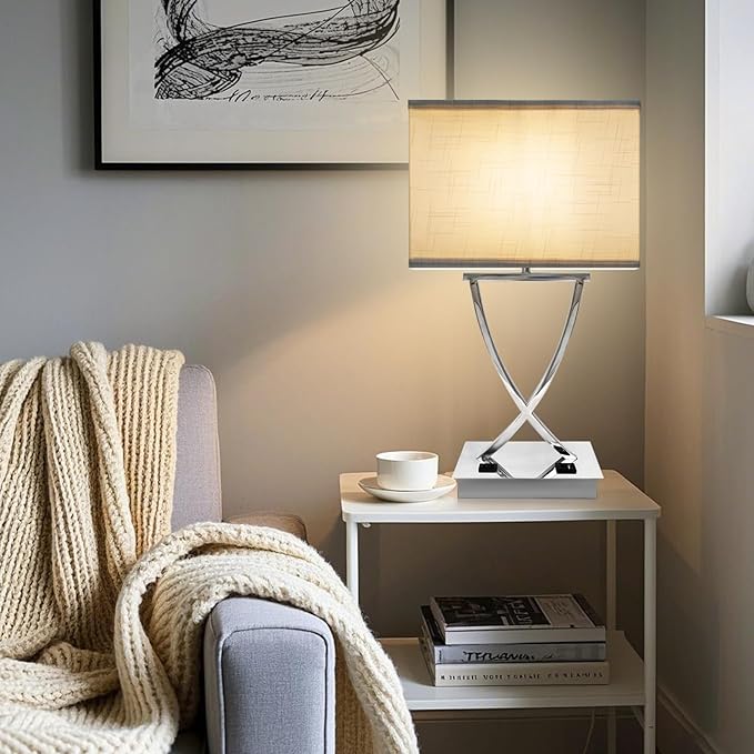 21.38" Table Lamp for Bedroom Living Room 3-Way Dimmable Touch Control Medium Chrome Bedside lamp with USB A+C Ports,Nightstand Lamp with White Linen Shade Bulb Included (White-Chrome)