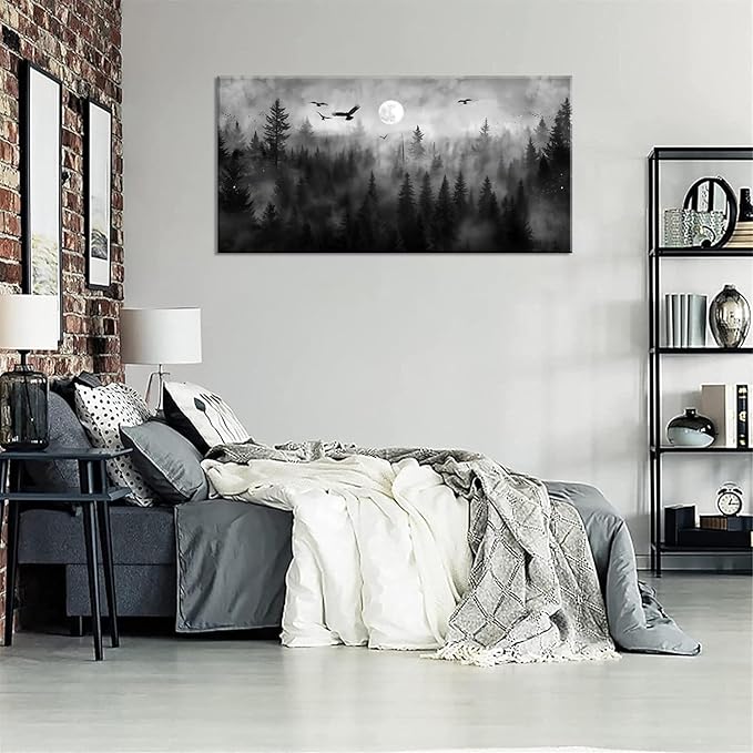 ZESTRILIA Forest Wall Art Black & White Moon Night Retro Canvas Prints Modern Rustic Paintings Nordic Artwork Landscape Picture for Country Farmhouse Living Room Bedroom Home Office Décor (20x40inch)