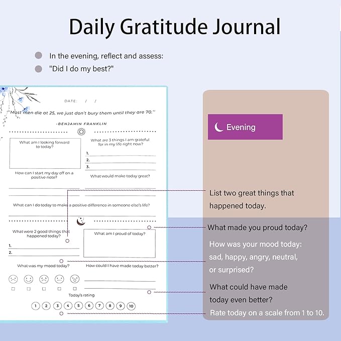 Gratitude Journal, Daily Reflection Journal for More Happiness, Mindfulness & Affirmation, Self Care Journals for Women & Men, 6 Inspirational Stickers and Ballpoint Pen,Blue