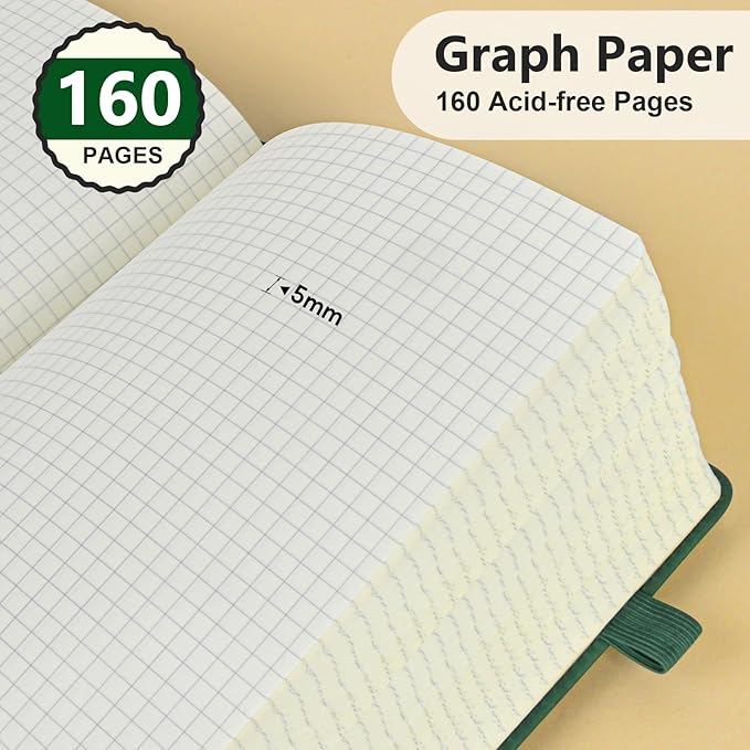 Graph Paper Notebook, 160 Pages Grid Journal for women & men, A5 Hardcover Leather Graphing Notebook for School, Work, Travel, Note Taking 5.9”x8.5” (Green)