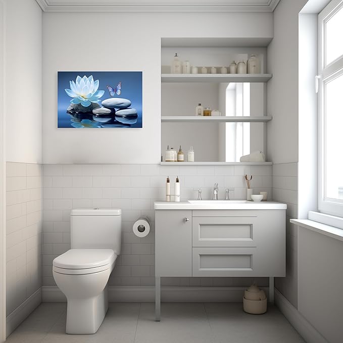 ARTZGX Blue Zen Wall Art Lotus Flower Canvas Spa Stone Pictures for Bathroom Wall Decor Meditation Butterfly Painting Frame(Zen - A 20.00" x 30.00")