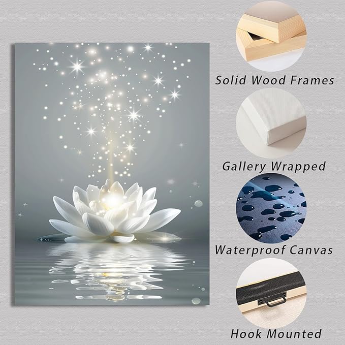 Ypxzzj Framed White Lotus Flower Wall Art for Living Room, Zen Canvas Wall Art for Yoga Bedroom,Meditation Spiritual Wall Decor Print for Bathroom Study Room Ready to Hang (12''x16'')