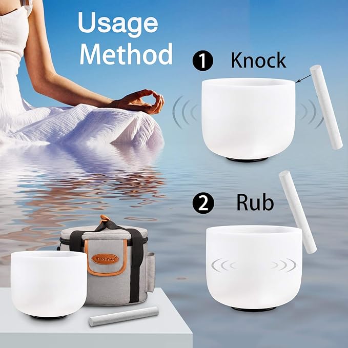 RYAN DVAN 8” A Note Frosted Third Eye Chakra Crystal Singing Bowl with Sound Bowl Case and Suede Striker for Promotes Peace Chakra Healing and Mindfulness