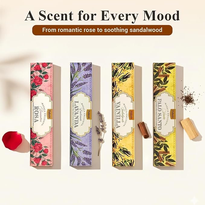 Tulasi Incense Sticks Set of 12 Scents (180 Sticks) Variety Natural Fragrances - Lavender, White Sage, Patchouli, Rose, Chakra, Mantra, Sandalwood, Palo Santo, Fruit for Positive Vibes, Thanks Giving