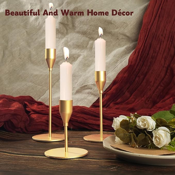 Matte Gold Candle Holders Bulk Painted Gold Metal Candlesticks Fit 0.8 Inch Taper Candles Decorative Metal Candelabra for Wedding Home Holiday Anniversary Party Dinning Table Decors (Set of 15)