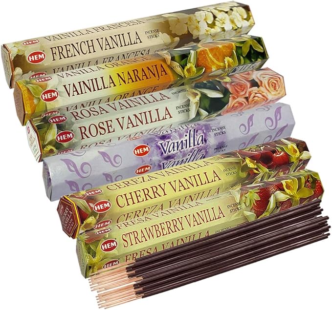Hem Incense Sticks Variety Pack #18 and Incense Stick Holder Bundle with 6 Vanilla Fragrances