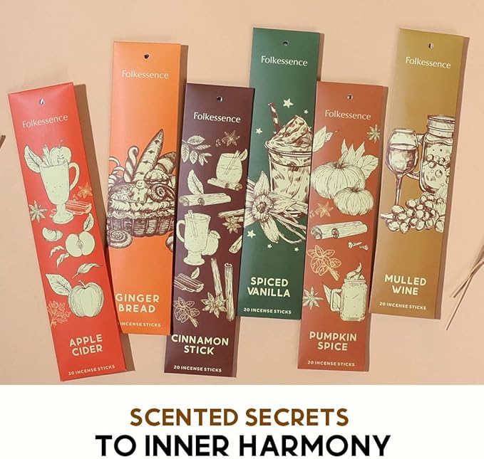 Folkulture Incense Sticks | Set of 6 (120) Fall Incense Sticks with 45 Mins Burn Time | Non Toxic Pumpkin Spice Inscents, Organic Vanilla Incenses | Slow Burning Fall Scents for Home | Fall Essentials