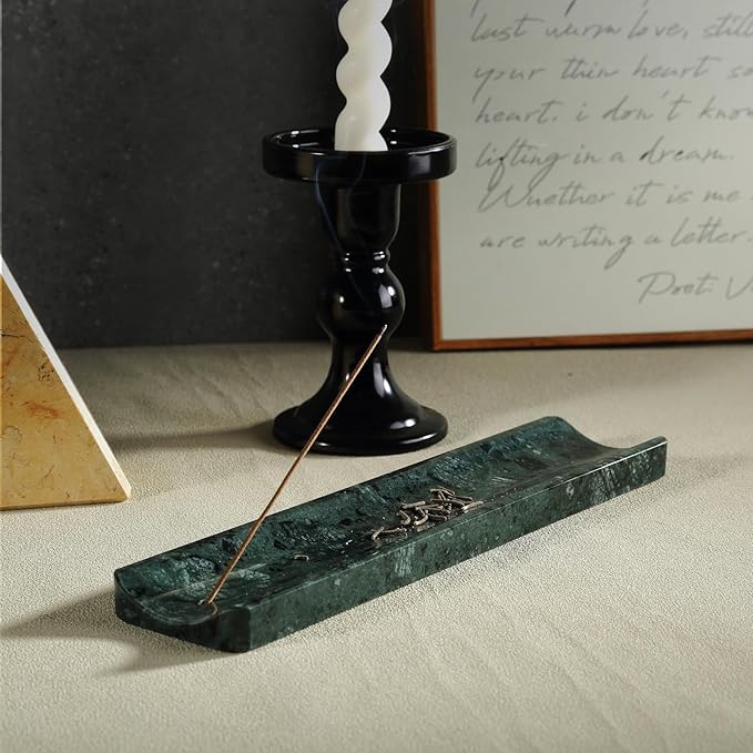 Koville Marble Incense Holder, Incense Holder for Sticks, Incense Sticks Holder Ash Catcher for Meditation Yoga SPA, Natural Stone Incense Burner, Home Table Decor (Green)