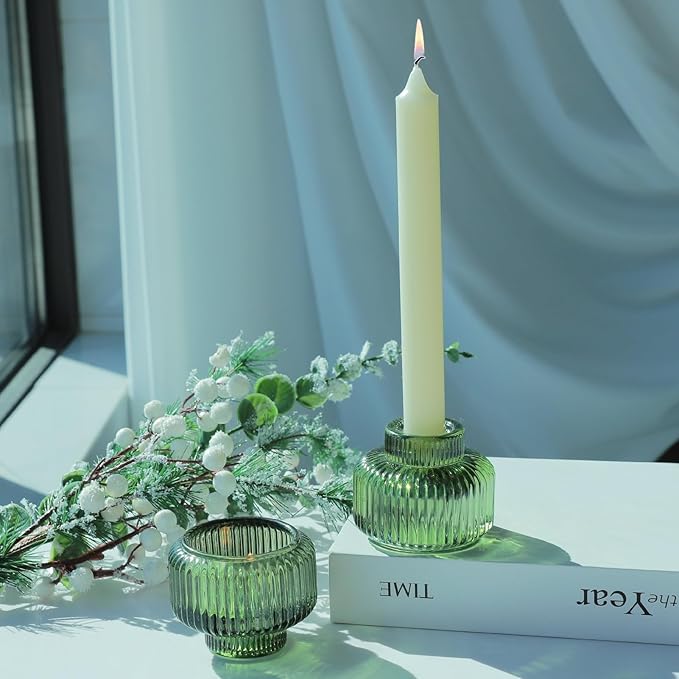 Woho Green Taper Candle Holders Set of 8 for Christmas Party Decor, Reversible Candle Sticks Holder Decor for Wedding Table Centerpiece, Vintage Ribbed Glass Candlestick Holders for Home Decor