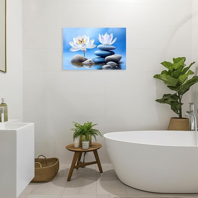 ARTZGX Zen Canvas Wall Art for Bathroom Lotus Pictures Blue Spa Stone Painting Butterfly Flower Artwork for Yoga Decor Frame(Zen - B 12.00" x 18.00")