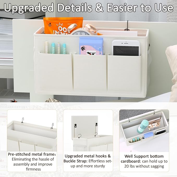 Dual-purpose Bedside Caddy Bedside Organizer, Bed Caddy with 6 Pockets, Versatile Bedside Storage Solution Magazine Remotes holder, ideal for Home, Dorm, Hospital, Crib Bed (White 2pcs)