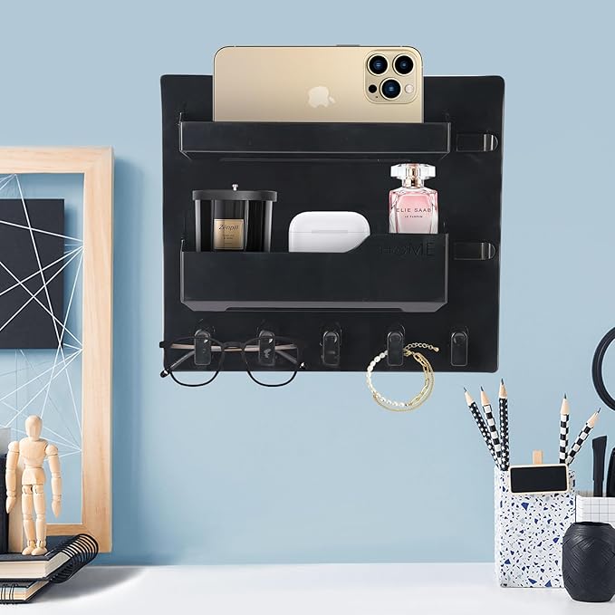 Bedside Shelf Wall Mount, Adhesive Bedside Shelf Accessories Organizer with Hooks and Cable Clips,Dorm Bedside Wall Storage for Phone, Remote, Earphone, Kindle,Plastic (5 Hooks Style-Black)