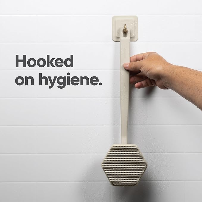 TOOLETRIES Silicone Back Scrubber with Hook - Exfoliating Shower Brush, Back Washer for Men, Durable Back Brush with Long Handle - Long Lasting Bath & Shower Accessories - Sand