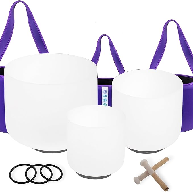 7inch 8inch 9inch Crystal singing bowls set sound bowl for healing Mindfulness, Meditation, Yoga, Spiritual and Body Healing Chakra Bowl (7F+8A+9D, 440hz 7-9"with soft bag)