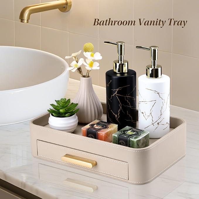 GORESE Valet Jewelry Tray Nightstand Organizer with Drawer, PU Leather Perfume Tray Trinket Trays for Vanity Bathroom Entryway, Catchall Trays for Key Purse Watch Cologne, Gift for Women Men, Beige