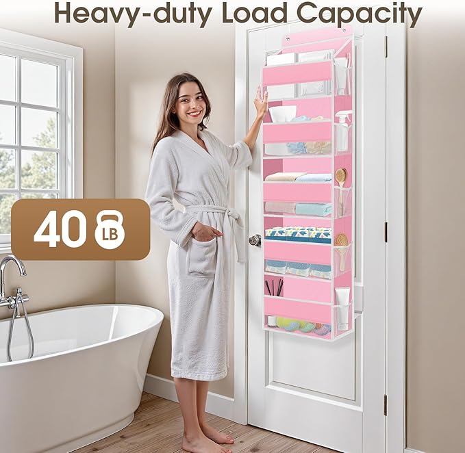 2 Pack Over The Door Organizer Hanging Storage Organizers with Clear Window 40lb Large Capacity Room Organizer for Pantry Laundry Bathroom Nursery Closet(Pink)