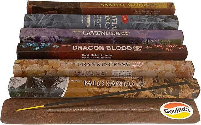 Sreevani Incense Sticks Variety Pack #4 and Incense Stick Holder Bundle Gift Set with 6 Most Popular Fragrances