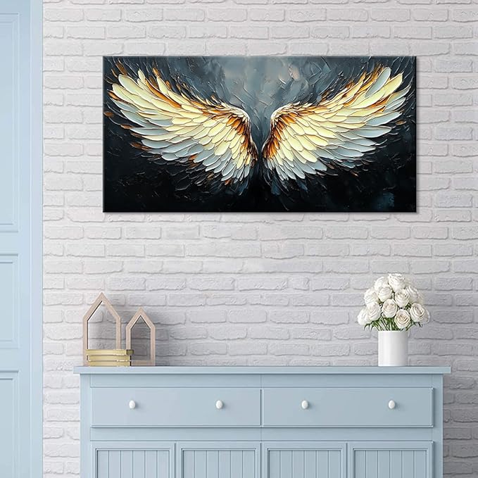 ZESTRILIA Angel Wings Wall Art for Girls Room Gold Gray Canvas Oil Painting Prints Modern Abstract Fantasy Anime Artwork Living Bedroom Office Decor Large (46x23 Inches)