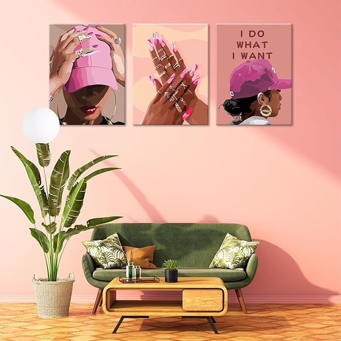 Black Girl Canvas Wall Art pink trend American Black Woman Posters Prints Wall Decor Pictures for Home Living Room Bedroom study Decoration,Framed12 x 16inches X3piece