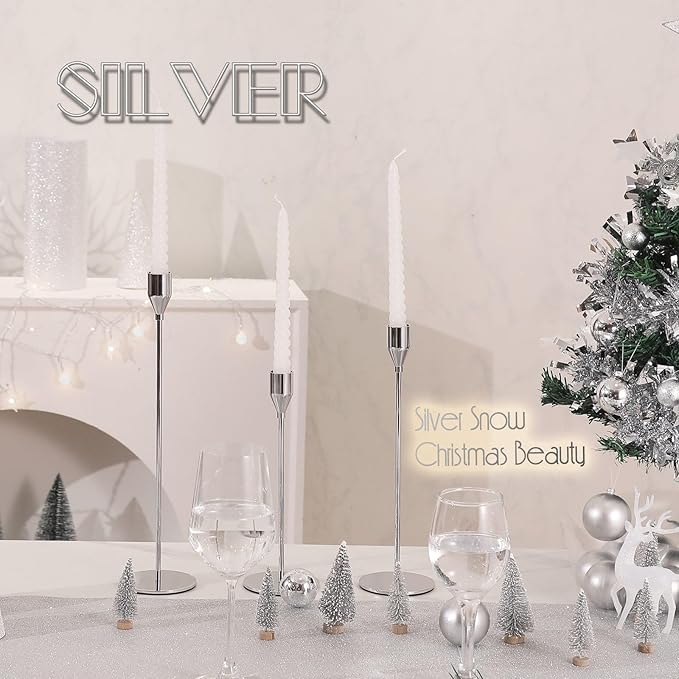 3Pcs Silver Candlestick Holders Set Fit 3/4" Tall Taper Candle Home Decorative Table Centerpieces for Family Dinning, Party Decoration