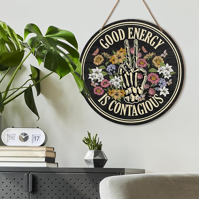 Positive Energy Wall Decor, Skeleton Inspirational Round Wood Hanging Sign Decor, Motivational Positive Energy Decorations for Home Office Spiritual Room, Positive Gifts for Women Men
