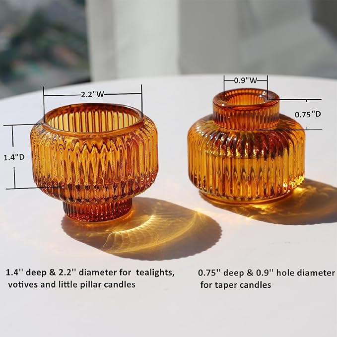 Woho Candlestick Holders Set of 8 for Taper/Votives/Tealight Candles, Amber Taper Candle Holders for Fall Wedding Decor, Ribbed Glass Candle Sticks Holder Decor for Dinner Table/Holiday Party