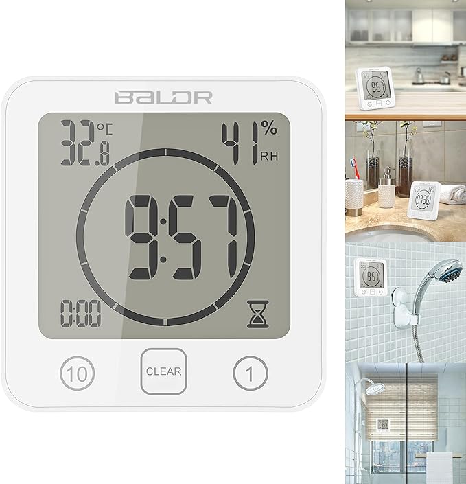Digital Bathroom Shower Wall Clock, LCD Digital Wall Clock with Suction, Waterproof Temperature Humidity Gauge, Touch Screen Timer, Large Countdown Visual Timer (White)