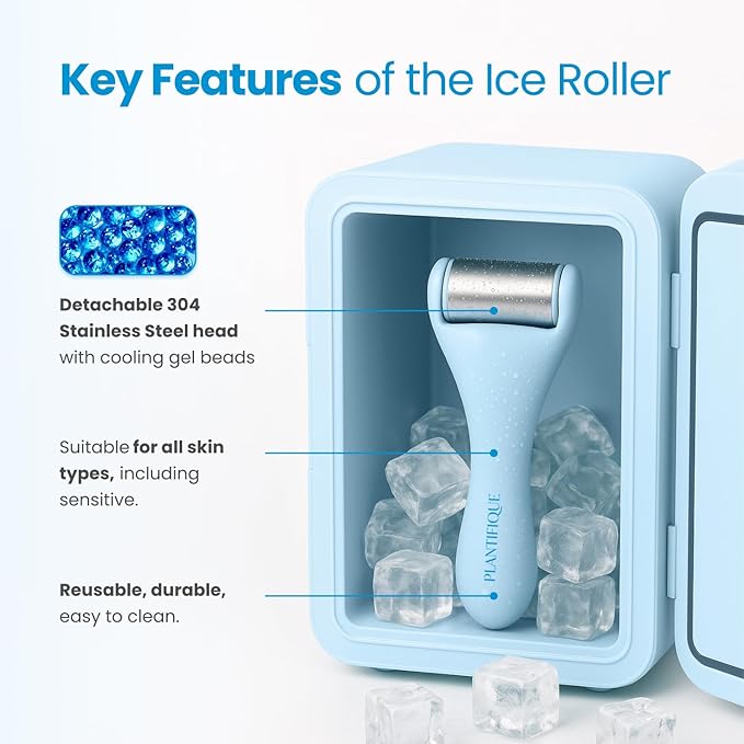 PLANTIFIQUE Facial Ice Roller and Stainless Steel Gua Sha Set - Cryotherapy Skin Care Massage Tools - Metal Massager Set for Puffy Face, Under Eyes and Body