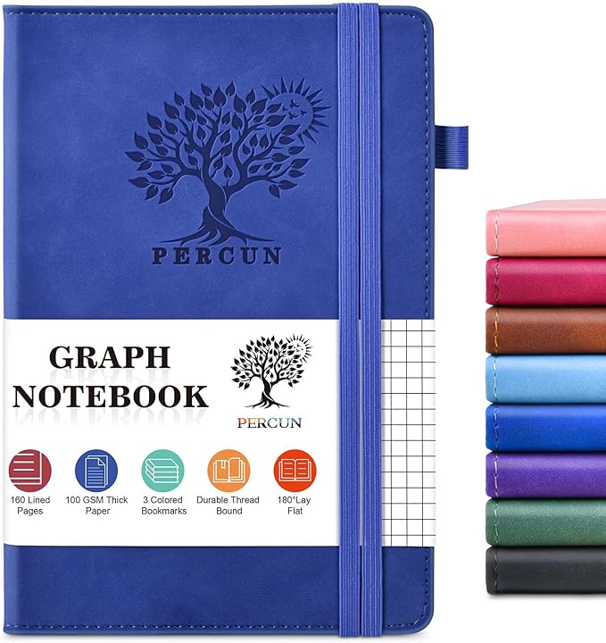 Graph Paper Notebook, 160 Pages Grid Journal for women & men, A5 Hardcover Leather Graphing Notebook for School, Work, Travel, Note Taking 5.9”x8.5” (Navy)