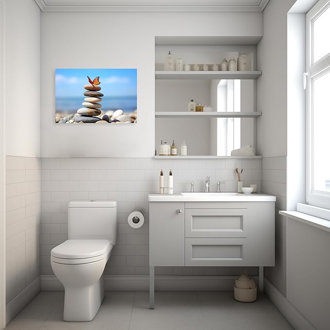 ARTZGX Zen Stone Wall Art Canvas Spa Bathroom Pictures Butterfly Print Meditation Still Life Painting for Yoga Room Decor Frame(Zen - D 28.00" x 42.00")