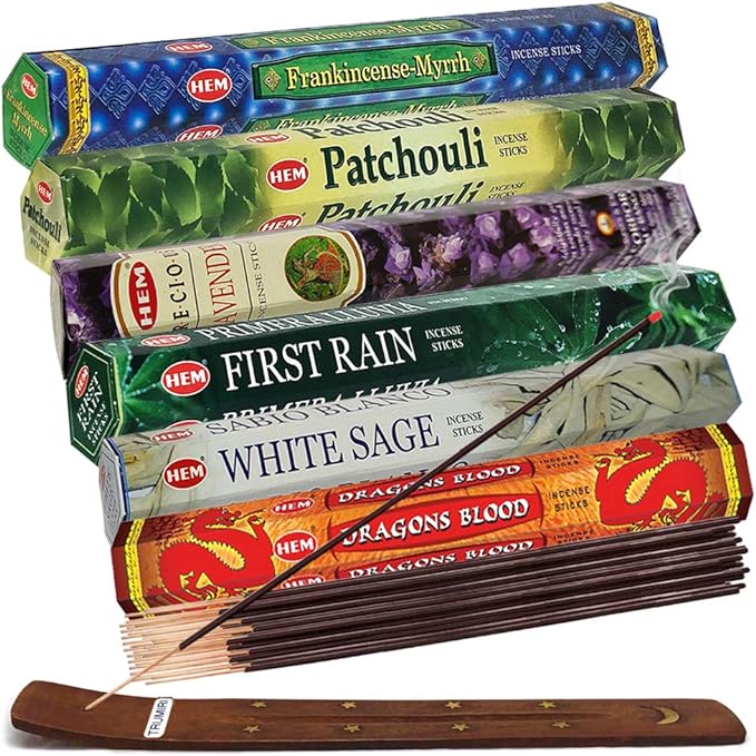 Hem Incense Sticks Variety Pack #23-120 Insence-Sticks (6 Incents x 20 Insense) + Incense Stick Holder with 6 Most Liked Scents Including Patchouli Dragons Blood White Sage Frankincense-Myrrh