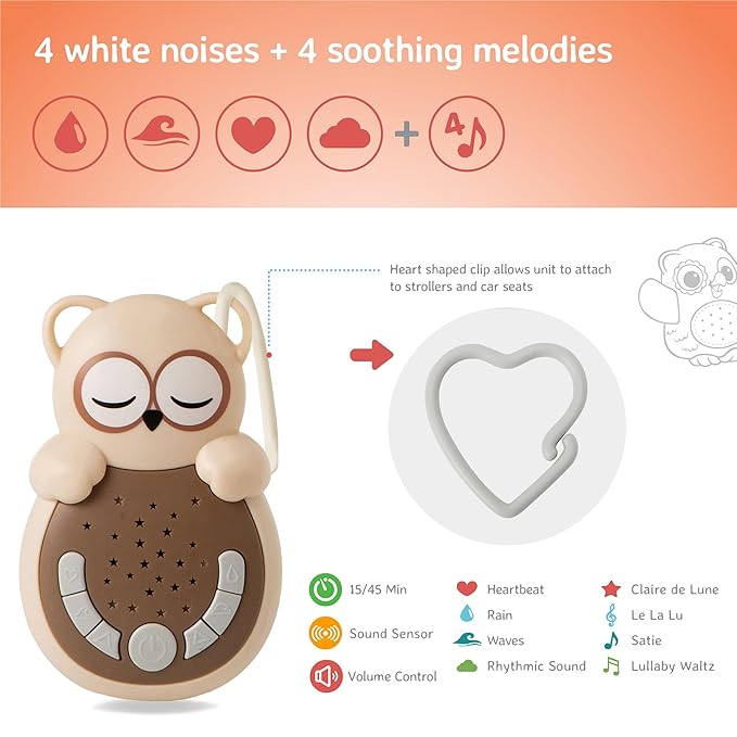 Cloud b Travel Comforting Sound Machine w/Calming Light | 4 White Noise and 4 Lullabies | Re-Activating Smart Sensor | Sweet Dreamz Owl On The Go