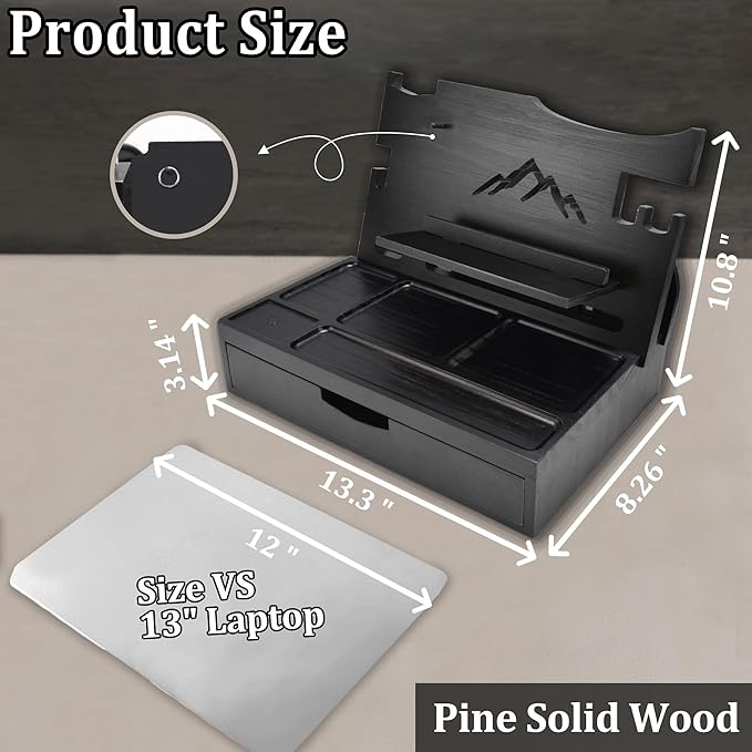 Nightstand Organizer for Men with Large Drawer, Birthday Gifts for Men Father Husband, Wood Phone Docking Station, Bedside Organizer for Nightstand Office for Apple Watch, Laptop (Black)