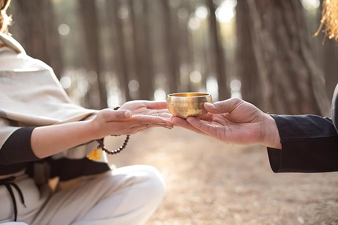 Tibetan Singing Bowl Set - Easy To Play for Beginners - Authentic Handcrafted Mindfulness Meditation Holistic Sound 7 Chakra Healing Gift by Himalayan Bazaar (3 Inch, Gold)