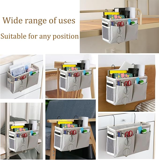 Bedside Caddy, Bedside Hanging Storage Organizer for College Dorm Bed, Bunk and Hospital Beds, Can be Placed Books, Phones,Keys, Glasses,Magazine Holder (Grey, 1)