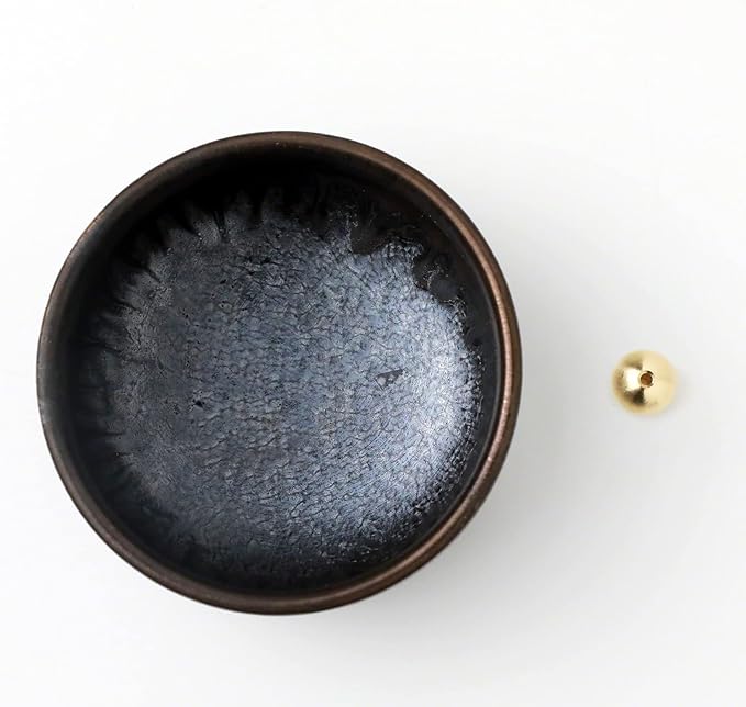 Asayu Japan Zen Incense Holder for Sticks 3.9 inch (100mm) 100% Made in Japan, Metallic Black, Brown and Gold, Ceramic Incense Bowl and Brass Incense Burner in Modern Style