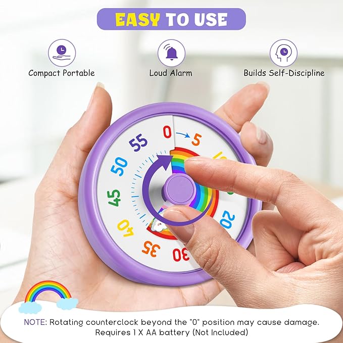 HIPPIH Visual Timer for Kids, 60 Minute Countdown Timers for Classroom Kitchen Office, Rainbow Disk Desk Timer Clock with Silent Operation, Pomodoro Timer Time Management Tools for Toddler ADHD Purple