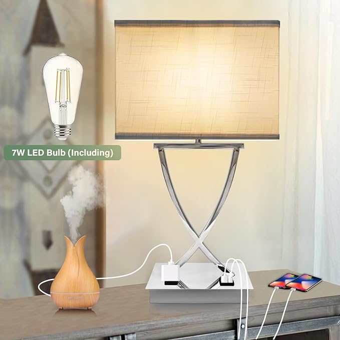 21.38" Table Lamp for Bedroom Living Room 3-Way Dimmable Touch Control Medium Chrome Bedside lamp with USB A+C Ports,Nightstand Lamp with White Linen Shade Bulb Included (White-Chrome)