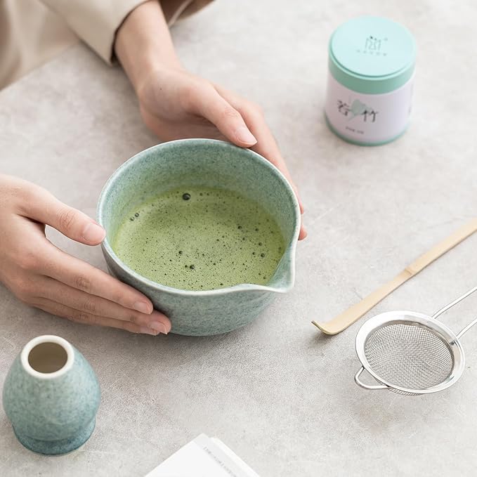 Matcha Kit Set, Matcha Whisk Set Includes Matcha Bowl And Holder, Bamboo Matcha Whisk, Scoop and Matcha Sifter, 17 oz Mottled Blue Glaze Ceramic Matcha Kit for Tea Lovers