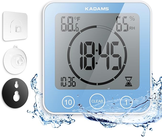 KADAMS Shower Clock Waterproof Bathroom Timer – Digital Wall Clock with Countdown, Magnetic Kitchen Clock with Temperature & Humidity, Suction Cup for Kids Shower Spa Sauna Cook Bath, Blue