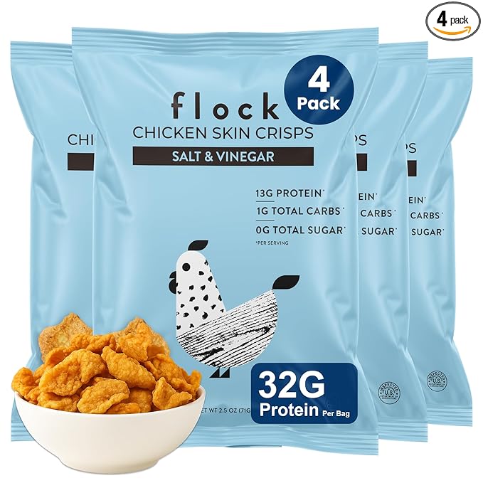 Flock Keto Chicken Skin Chips | Salt and Vinegar Flavor | Low Carb, High Protein, Sugar Free, Gluten Free Fried Chicken Skins for People | (2.5oz) 4-Pack Crispy Flock Chips