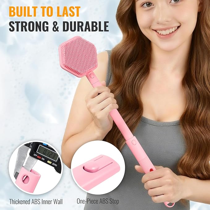 Silicone Back Scrubber for Shower – 21in Extendable Shower Brush with Long Handle – Dual-Sided Back Brush with Non-Slip Grip, Gentle Cleansing & Exfoliation for Men, Women, Elderly (Pink)
