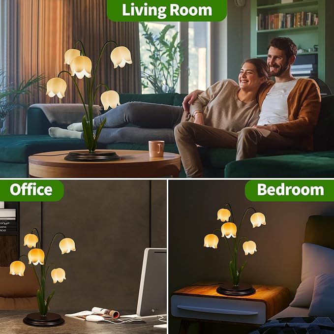 Lily of The Valley Table Lamp with Remote - 17.7 H x 13 W x 13 D, 5 Blossom Dimmable Night Light, Wood Base & Gift Box, Elegant Bedroom Decor for Women/Mom