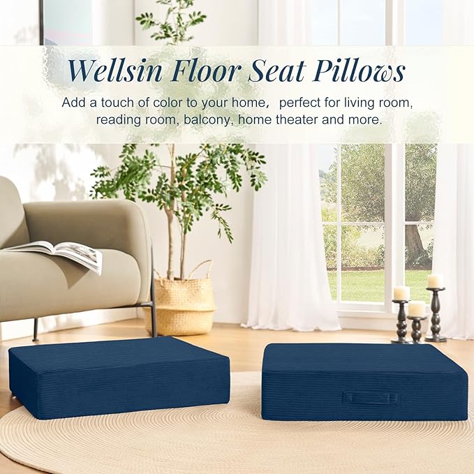Wellsin Solid Square Floor Pillows for Adults Kids - Large Meditation Floor Pillow Seating Cushion with Thick Foam & Washable Velvet Cover, 2 Pack, 22x22x5 Inch, Dark Blue