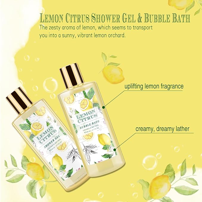 Bath Gift Set, Lemon Citrus Spa Gift Basket for Women, Includes Shower Gel, Bubble Bath, Body Lotion, Bath Frizzes 8 Pcs, Great Gift Idea for Her Birthday